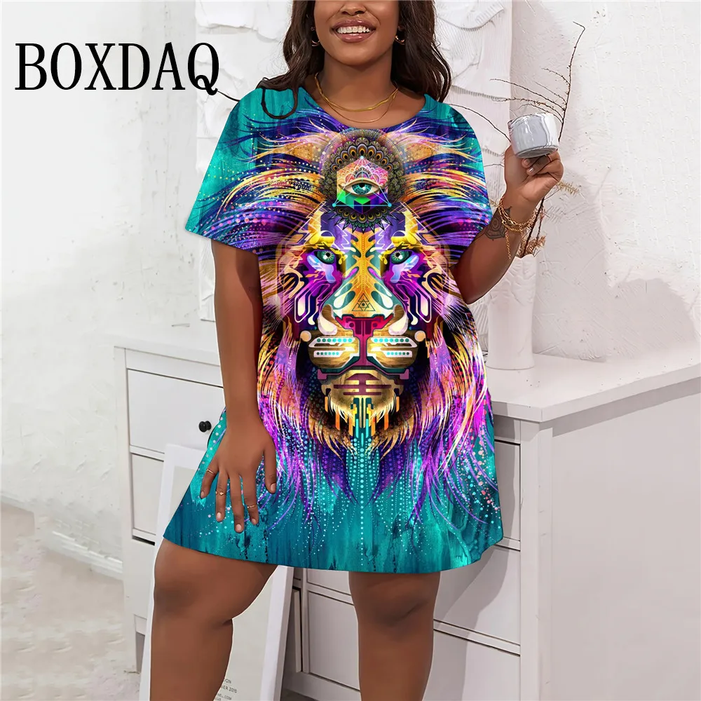 Hip Hop Lion 3D Printed Dresses For Women Clothes Fashion Abstract Painted Streetwear Short Sleeve Casual Plus Size Loose Dress