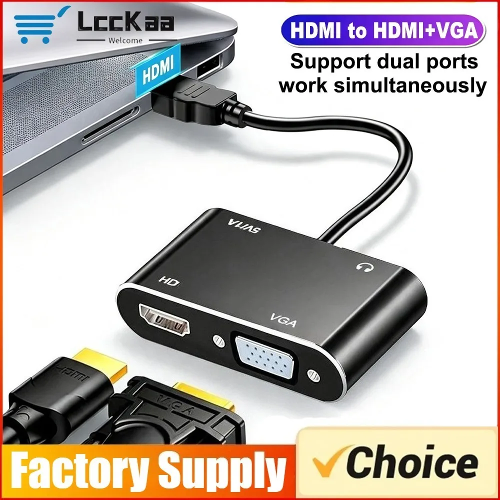 HDMI To VGA+HDMI 2 in 1 Adapter Splitter 1080P with 3.5mm Audio Converter for Computer Desktop Laptop PC Monitor Projector HDTV