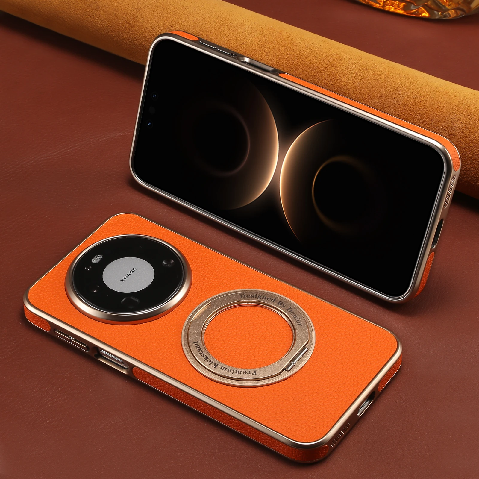 Denior Litchi Grain Phone Case Suitable for Huawei Mate 80 Pro Max, Faux Leather Cover With 360 Rotating Stand Holder view 2