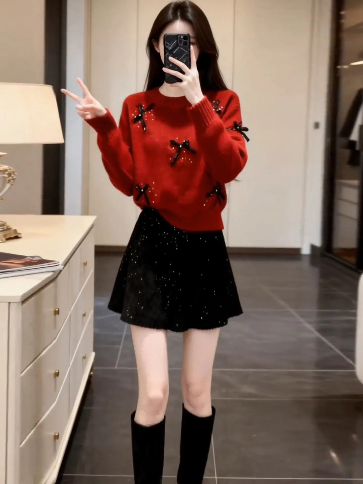 

Red Knitted Sweater And ort Skirt Set plus Size Women's Faion Spring Casual Sle High Waist Warm Polyester Fabric