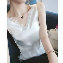 Silk Women Blouse V-neck Tank Tops Backless Lace Blouses Elegant Women Clothing Sleeveless Stain Womens Tops Bottom Corset Top