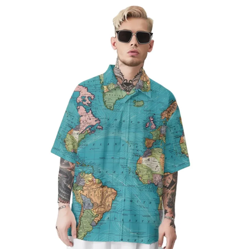 

World Map Print Hawaiian Style Beach Blue Shirt Men's Chest Pocket Shirt Casual Short Sleeve Daily Smart Business Shirt For Men