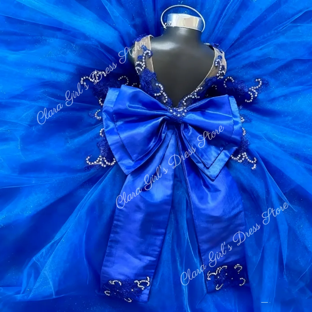 Custom Flower Girl Dress Royal Blue Sequin Sparkle Tulle Dress Ball Gown Wedding Birthday Party Girl Dress