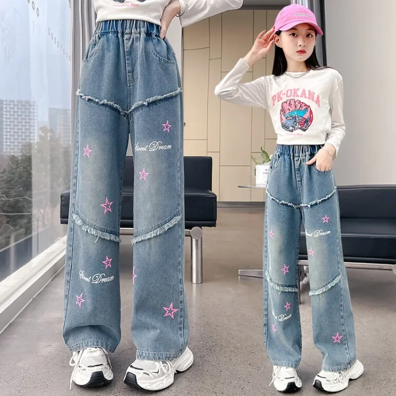 

Girls Loose Wide-leg Jeans Trousers Children Letter Star Print Straight Denim Pants Spring Autumn Casual Clothing 5-12 Years
