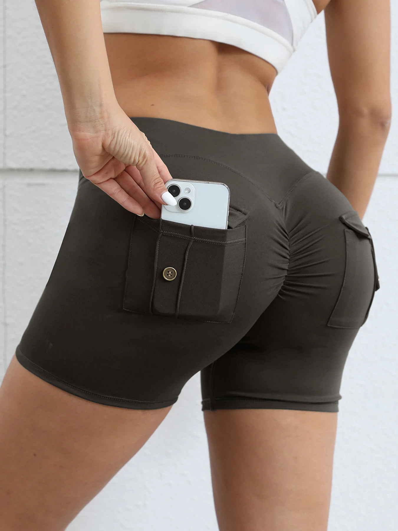 Women Pleated Buttocks With Buttons Pocket Fitness Sports Bike Gym Shorts Workout Yoga Stretchy Workout Cycling Shorts Leggings