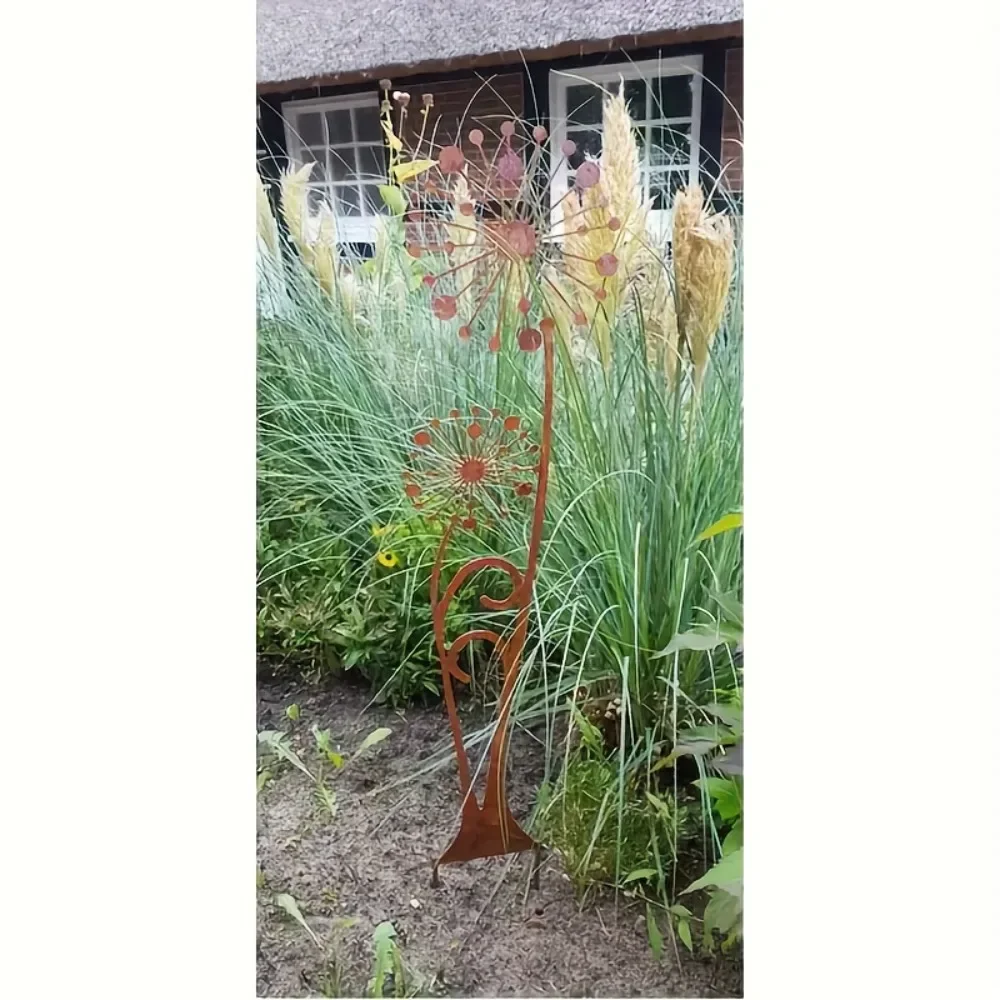 CIFBUY 1pc Dandelion Metal Garden Stake, Rustic Flower Iron Hanging Sculpture, Powder-Coated Rustproof Decor for Yard, Garden