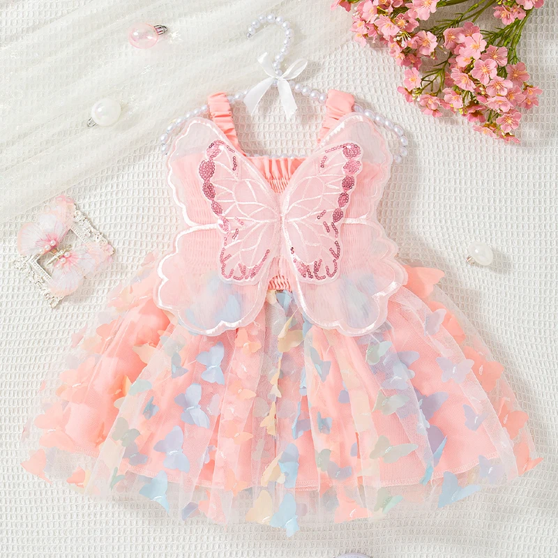 Summer Girl\'s Dress Sweet Suspender Wrap Waist Colorful Butterfly Mesh Back Big Wings Princess Skirt Suitable for Aged 80-110