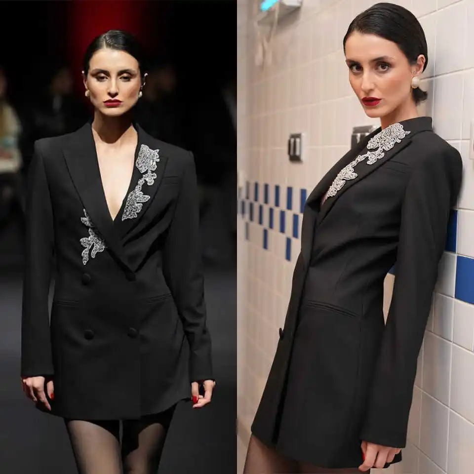 Glamorous Diamond Women Suits Long Sleeve 2 Pieces Set Applique Notched Lapel Jacket Wide Legs Pants Custom Made Formal Dresses