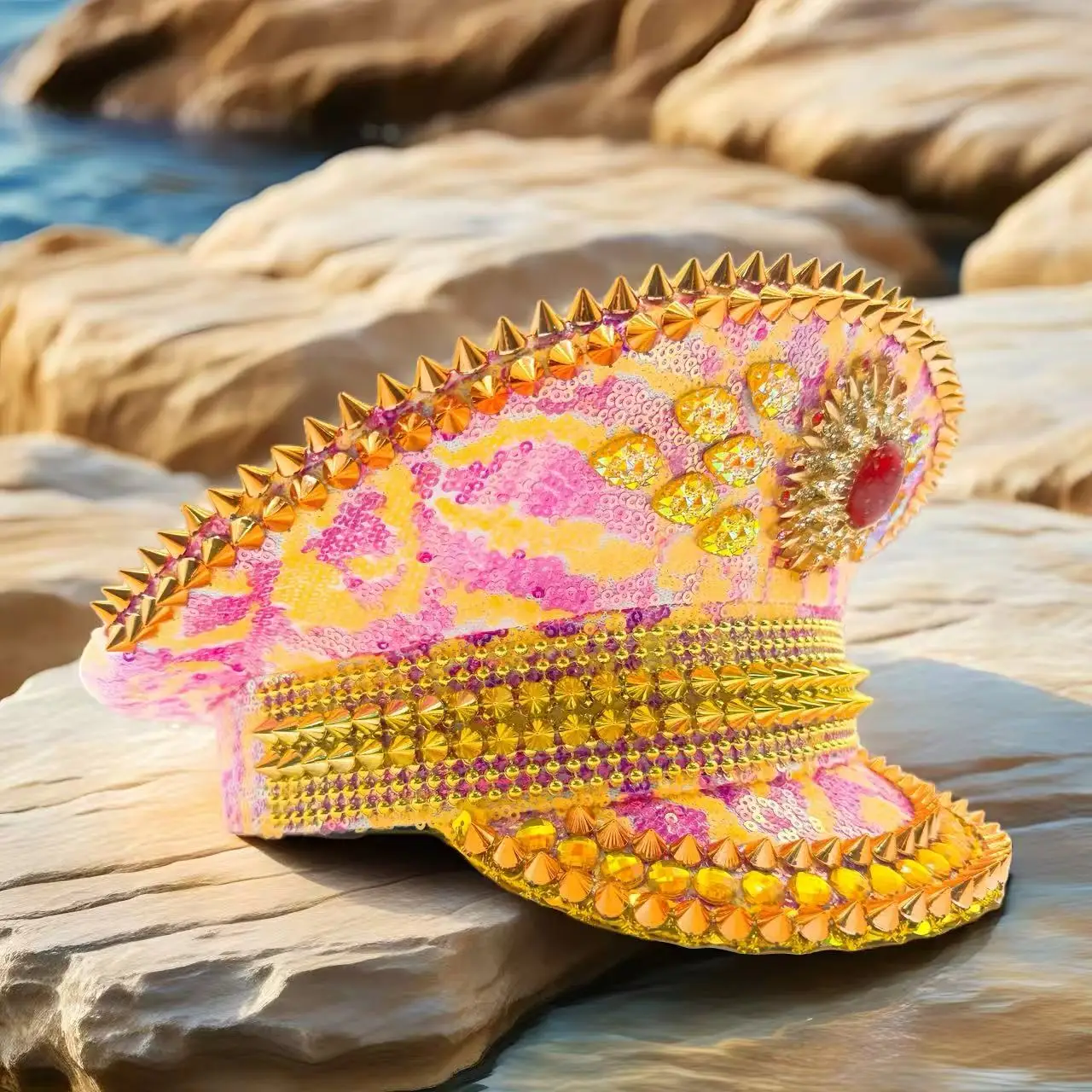 HongLuan Gouden Glitter Kapitein Hoeden Strass voor Muziekfestival Vrouw, Carnavalskostuum Hoed & Cosplay Vrouwelijke Accessoires