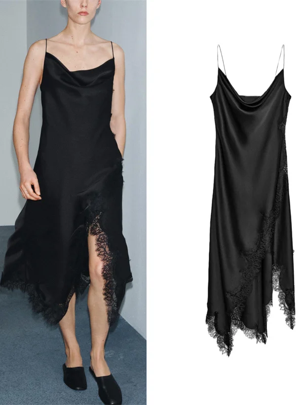 

Шелковое атласное кружевное платье, женское летнее платье с высокой талией, сексуальное чувственное повседневное повседневное платье Ci для поездок на работу, V-Ne без шнуровки