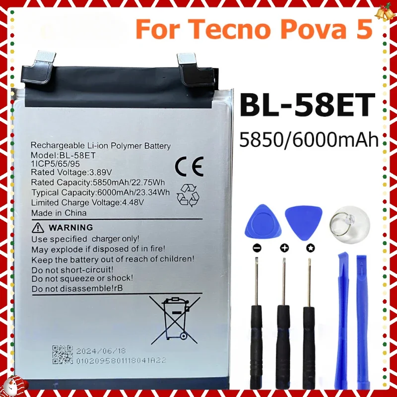 

6000mAh BL-58ET Battery for Tecno Pova 5, LH7n Smart Mobile Phone Battery 3.89V Mobile Phone Batteries