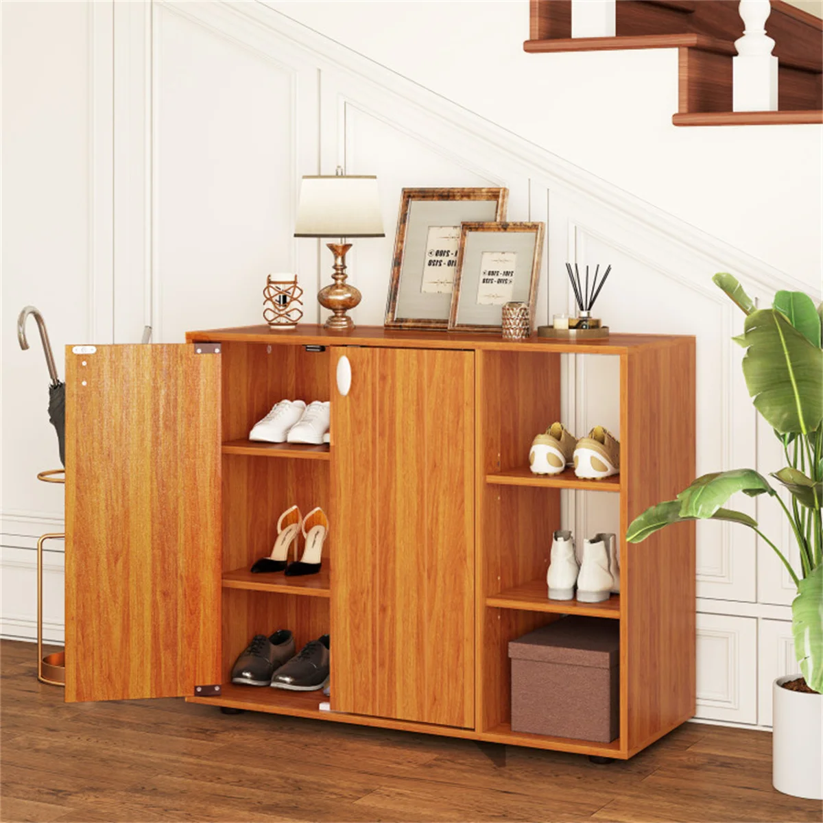 

Adjustable Shelf Shoe Cabinet, 2-Door Enclosed + 3-Tier Open Storage Organizer for Entryway-Natural