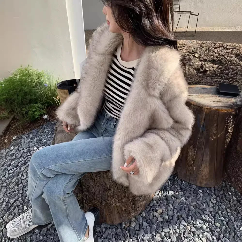 Faux Fur Coats Women Mid Length Coat Turn Down Collar Thick Overcoat Warm Y2k Streetwear Elegant Splice Outerwear Autumn Winter