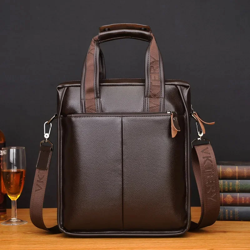 Vintage Soft Leather Men\'s Briefcases Business Vertical Hand Tote Office Male Shoulder Messenger Bag