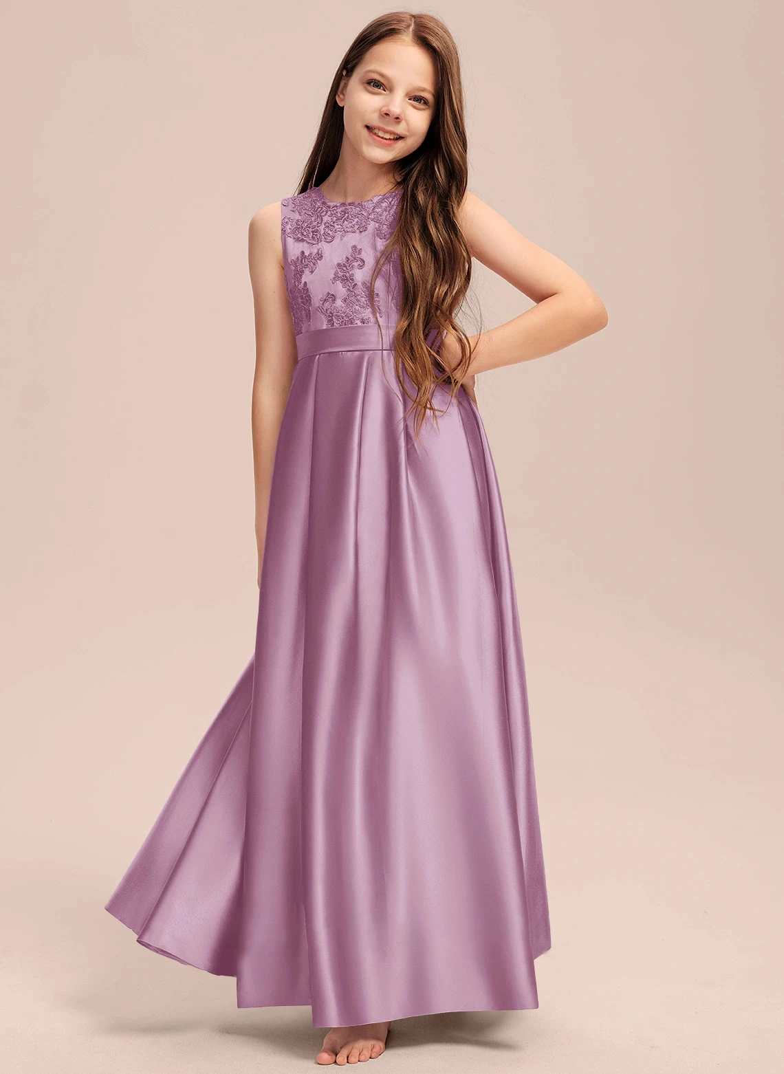 Ball-Gown/Princess Scoop Floor-Length Lace Satin Junior Bridesmaid Dress With Pleated Flower Girl Dress