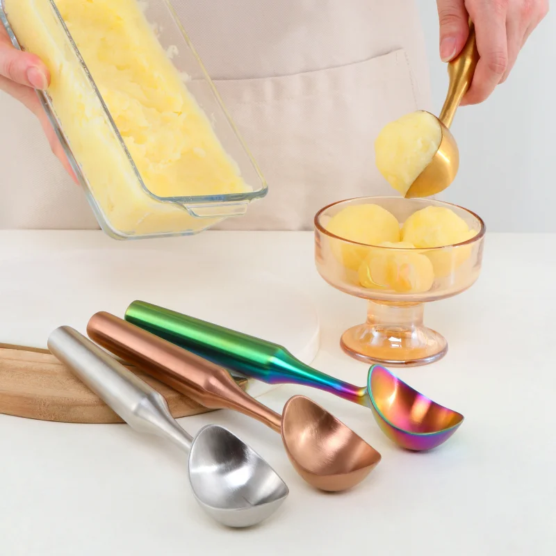 

304 Stainless Steel Ice Cream Scoop Colorful Fruits Ball Digger Long Handled Gold Digging Spoon Summer Ice Cream Spoons Gadgets