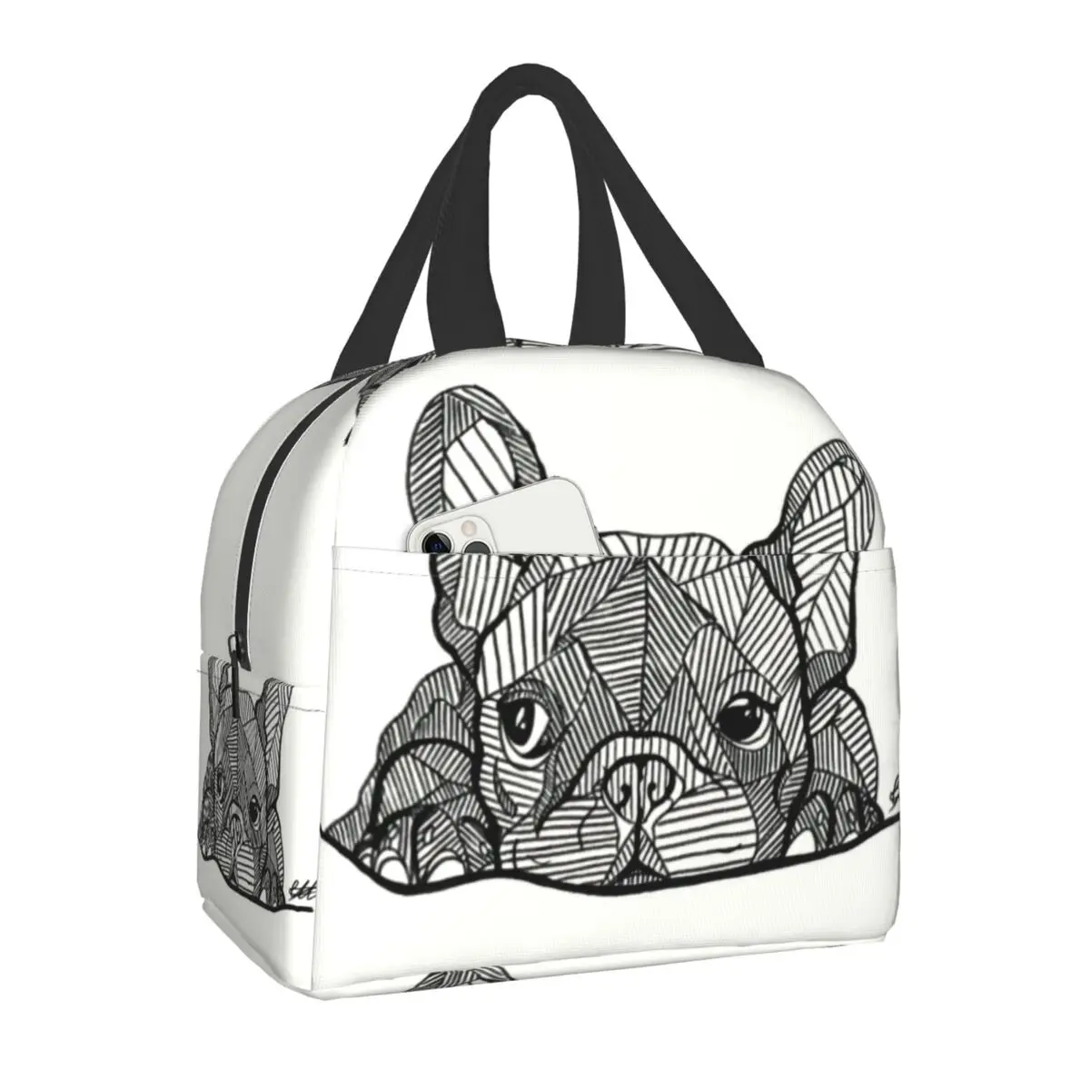 Sac à lunch isotherme pour femme et enfant, réutilisable, portable, glacière thermique, bouledogue français, chiot, visage, travail, école,