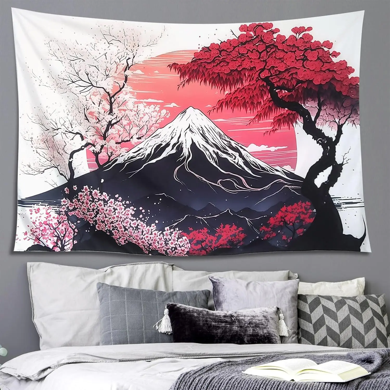 Japanese Mount Fuji Cherry Blossoms Anime Tapestry Wall Hanging Zen Landscape Art Polyester Fabric Decor for Home Living Room Be