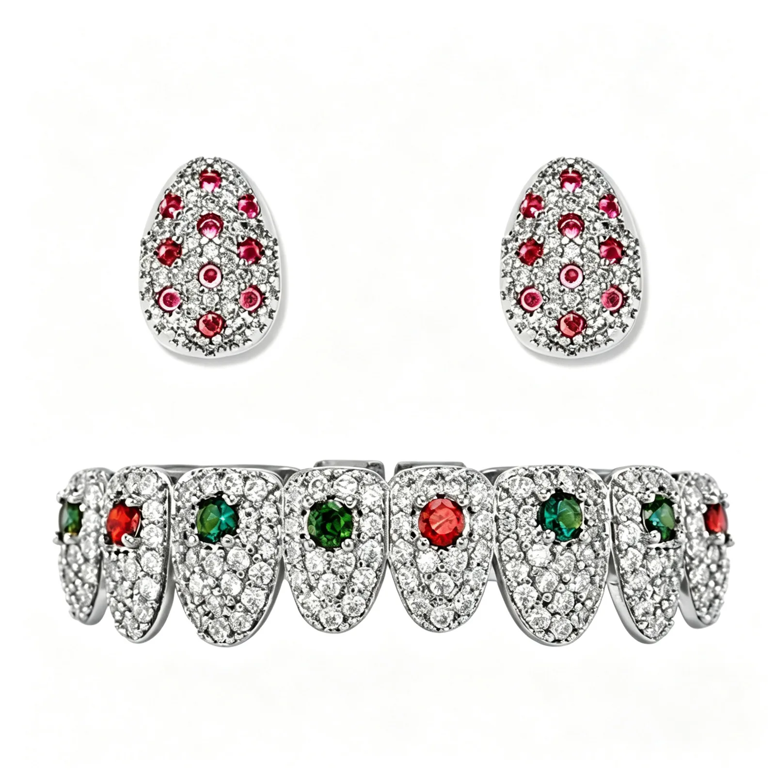 Colorful CZ Grillz Full Pave Gemstone Tooth Cap Set Iced Out Hip Hop Rapper Trendy Combo Jewelry Gift Men Women Jewelry