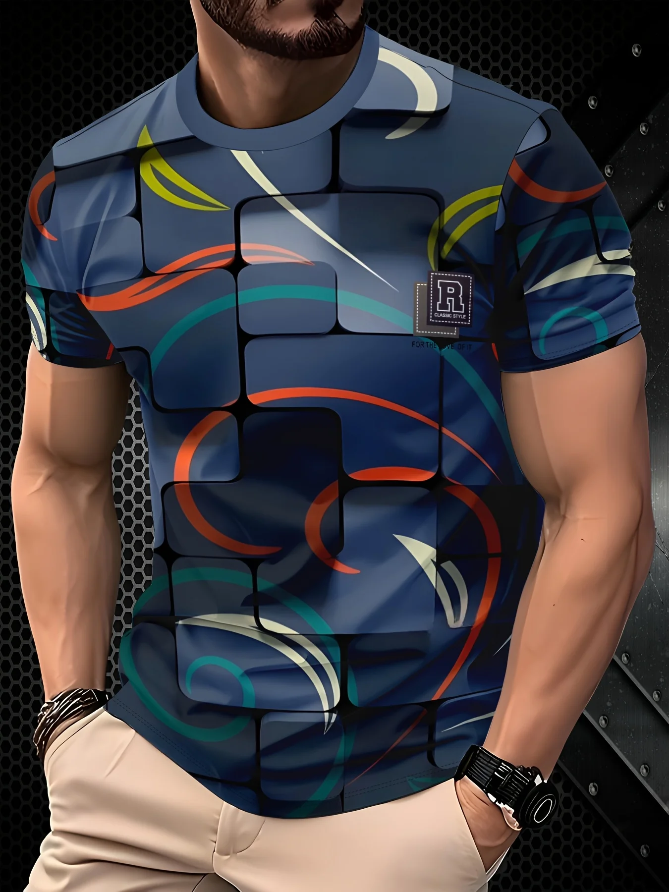 Men Colorful Curve Line Square Block Print Dark Blue Crew Neck Short Sleeve T-shirt