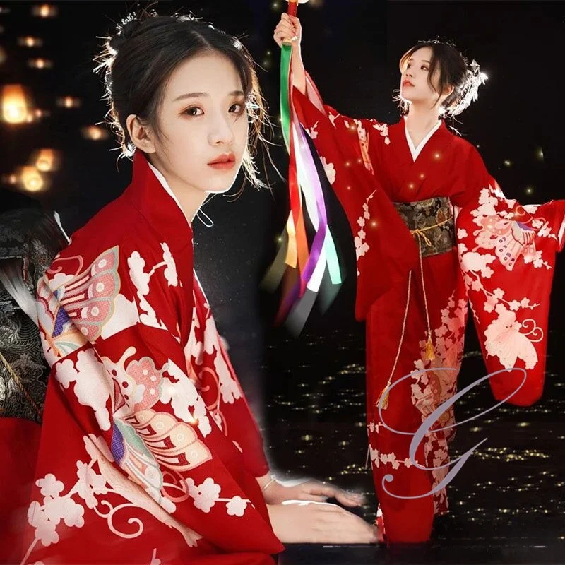 

Traditional Japanese Kimono Dress Women's Formal Summer Red Photography Costume Youthful Girl's Fashion Polyester Material