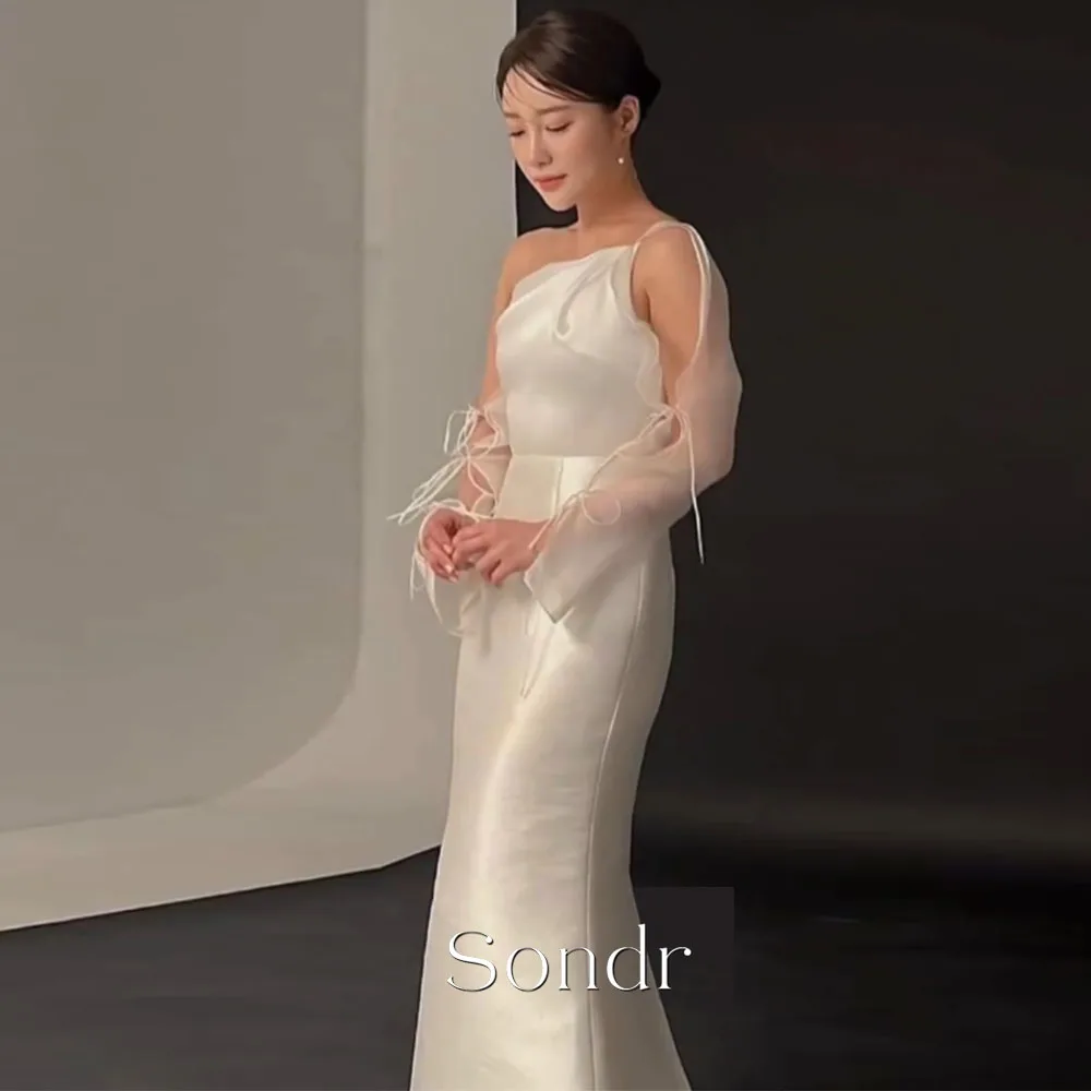 Sondr Customized 웨딩드레스 Wedding Dresses Ruched Korea One-Shoulder Long Sleeves Evening Ivory Bride Gowns Women Bridal Dresses