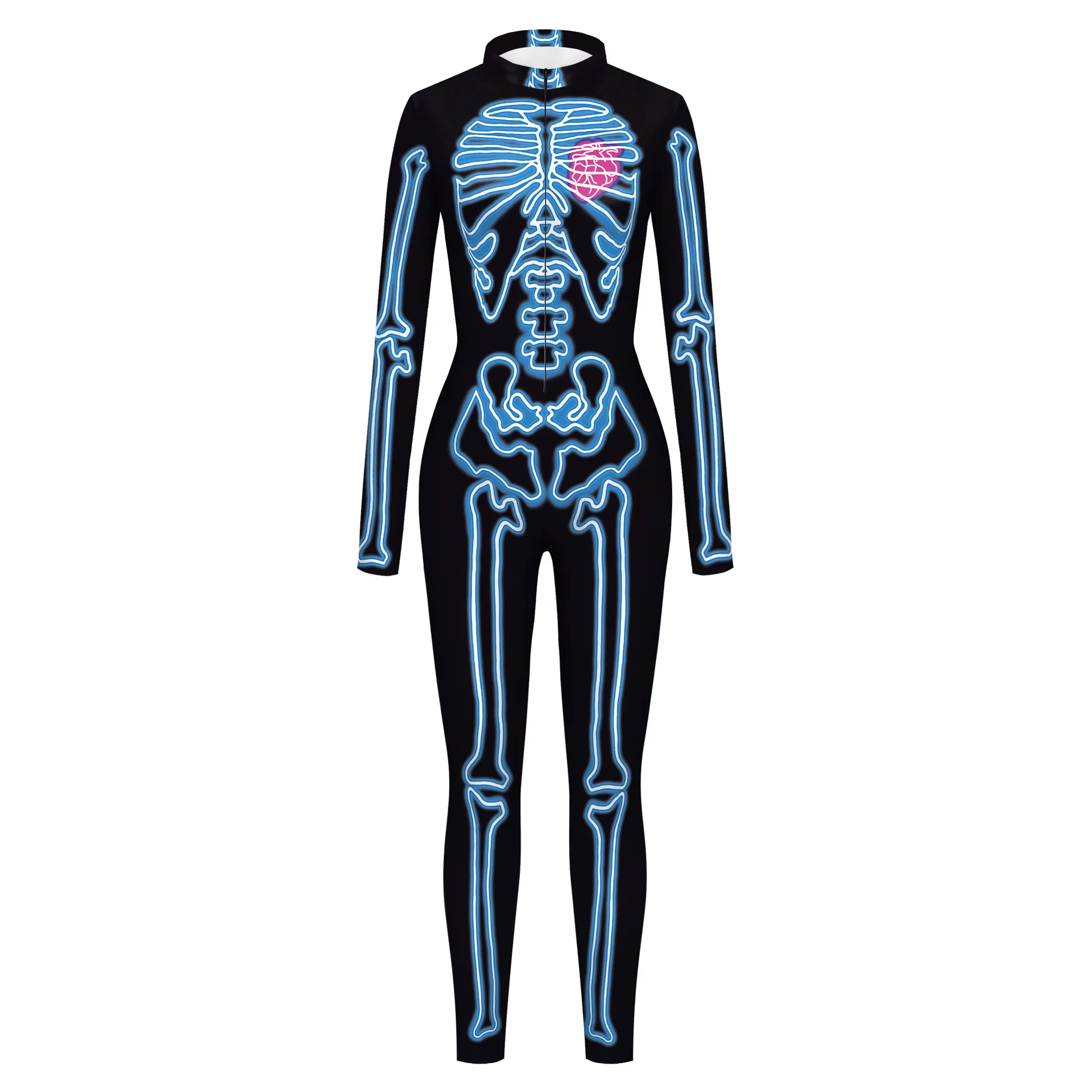 Halloween Blauw/Rode Schedel Jumpsuit Catsuit Sexy Vrouwen Cosplay Kostuums Bodysuit Punk Performance Zentai Pak Fancy Dress