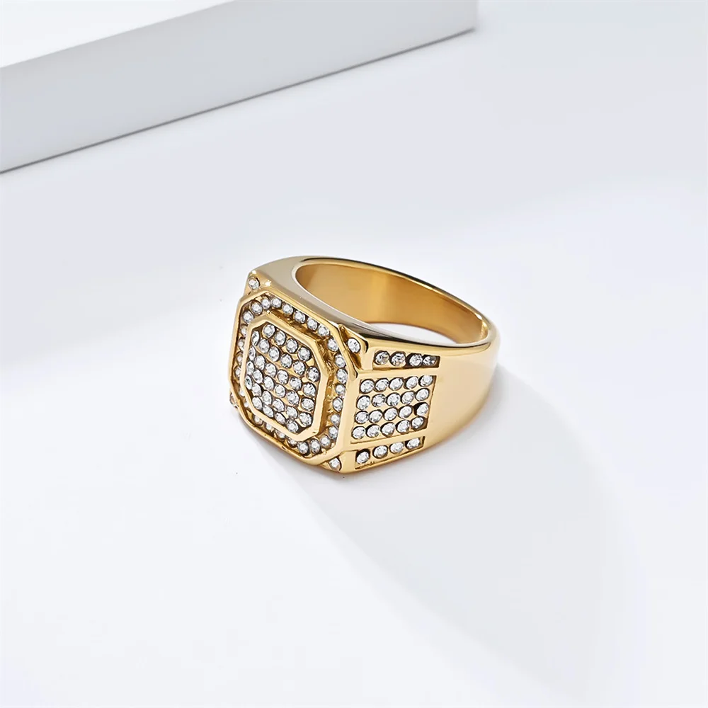 

Hip Hop Iced Out Bling Square Ring Male Gold Color Stainless Steel Zircon Rapper Rings for Men Rock Fashion Jewelry Gift 2025