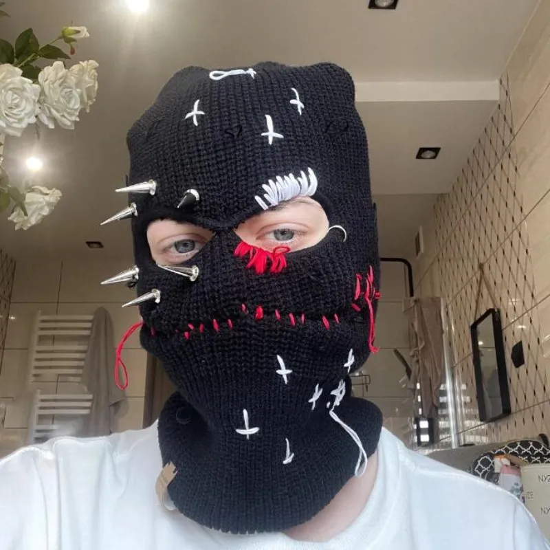 Personality Hip-Hop Rock Punk Style Three-Hole Knitted Street Heavy Industry Bullet Headgear Trendy Net Red Masked Hat