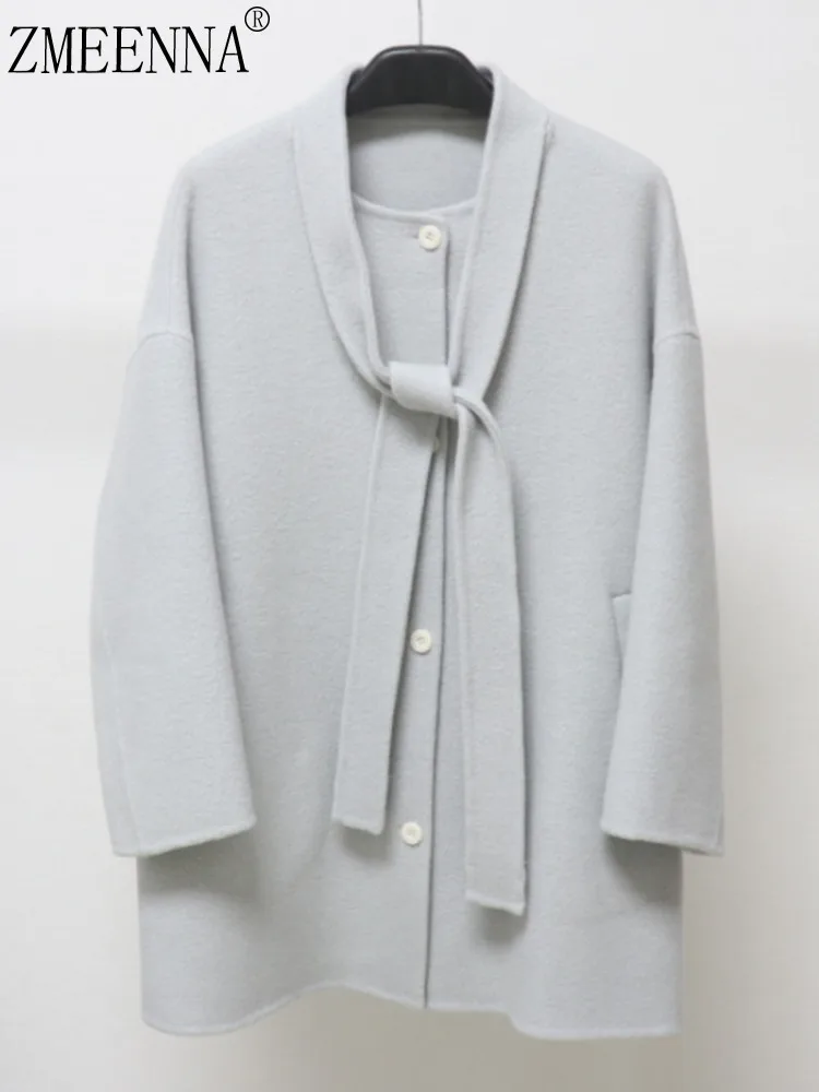 

ZMEENNA Cashmere Blend Tie Front Coat For Women Warm Winter Outerwear Soft Casual Jacket With Elegant Bow Detail ZM3980