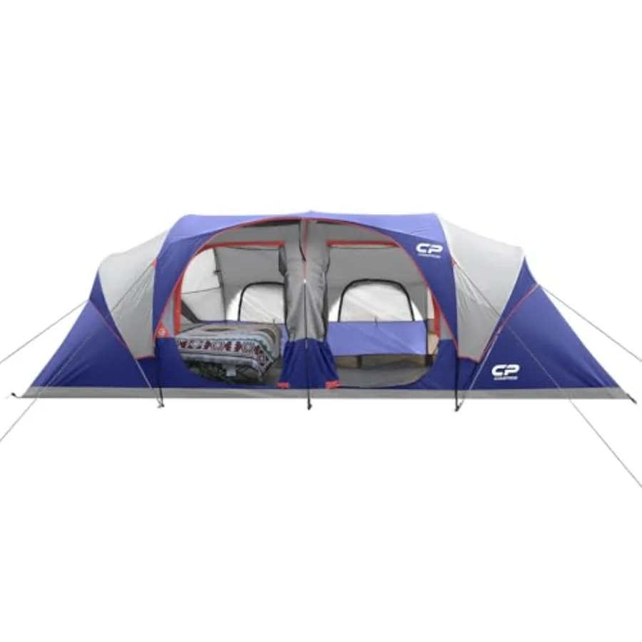 

Camping tent for family use, polyester fabric, gray color, waterproof and windproof with top rainfly, 6 mesh windows, double-la