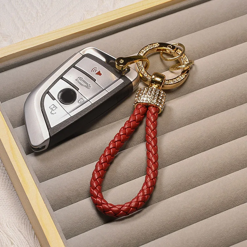 1PC PU Leather Braided Woven Rope Keychain Glitter Rhinestones Car  Key Ring For Men Women Multiuse Car Key Holder Charms