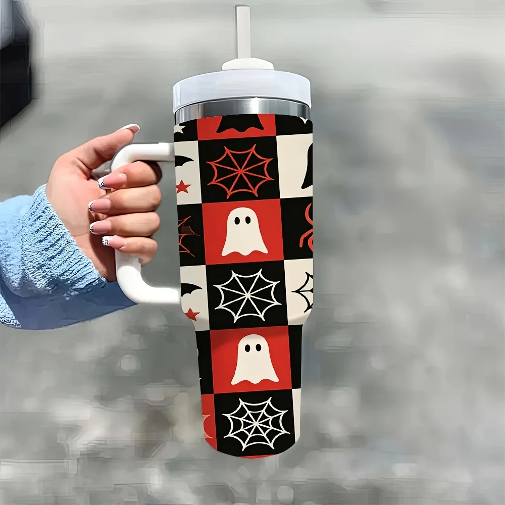 Halloween And Christmas 40Oz Tumbler with Handle And Straw, Reusable Leakproof Insulated Water Cup, Cute Ghost Spider Web Checkered Print, Suitable for Home Office Travel Car Daily Drinking