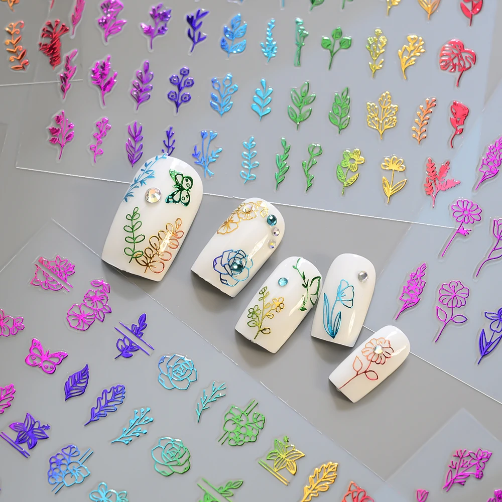12PCS 3D Gradiënt Regenboog Bloemen Nail Art Stickers Vlinders Bladeren Rozen Nagelstickers Zelfklevende Kleurrijke Manicure Slider