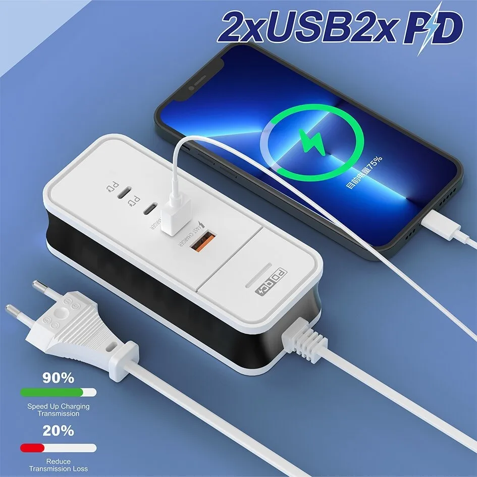 50W Fast Charging 2PD 2USB Usb Type C Plug Power Strip Charger Station Splitter Multi-Port Charging Head Socket 3A Seat Charger