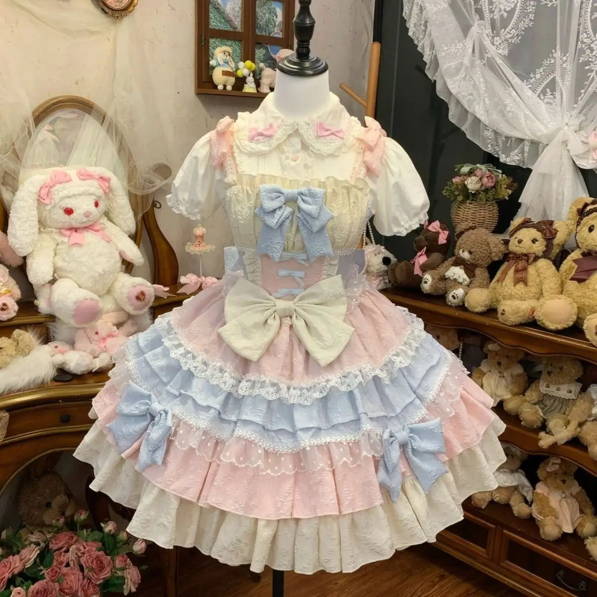 여성용 리본 스트랩 드레스 반바지 세트 로리타 스위트 블라우스 드레스 카와이 Y2K 의상 2026 코스프레 일본 2피스 드레스 세트