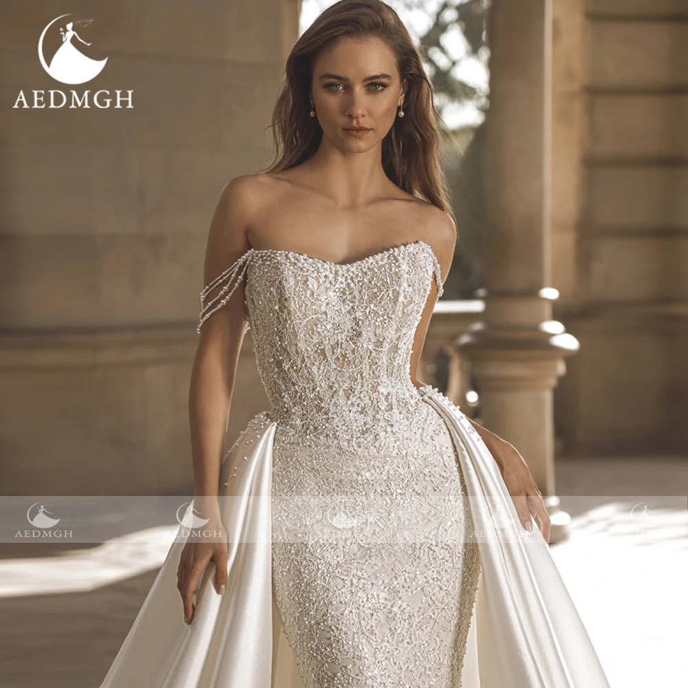 Aedmgh Meerjungfrau Sexy Brautkleider Schatz Weg Von Der Schulter Vestido De Novia Spitze Abnehmbare Zug Nach Maß Brautkleider
