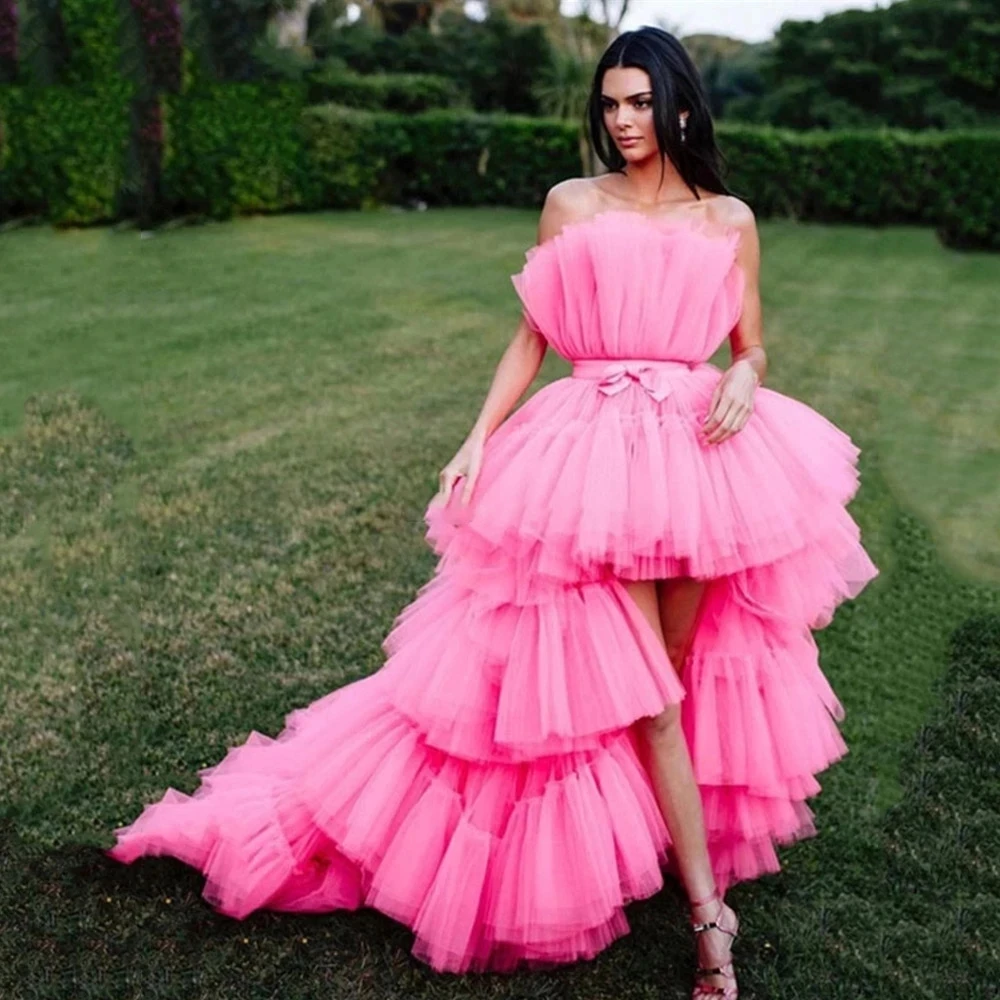 

ANGELSBRIEP Hot Pink High-Low Prom Dresses Vestidos De Festa LuxuryTulle Tiered Special Occasion Birthday Party Gowns Corset