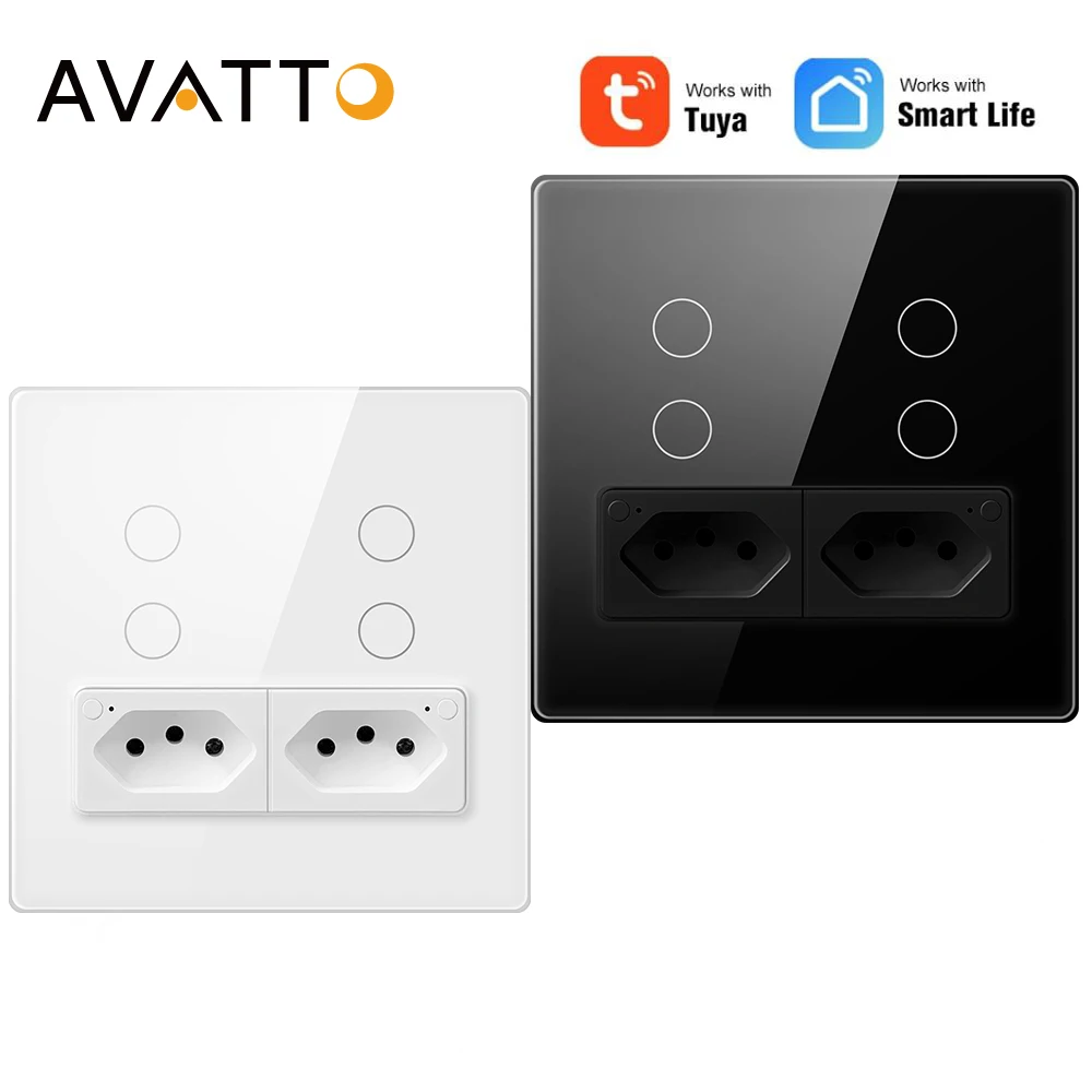 AVATTO Tuya WiFi Smart Switch & Socket,4X4 Glass Panel 4 Buttons Switch with 16A Socket Works With Alexa Google Home