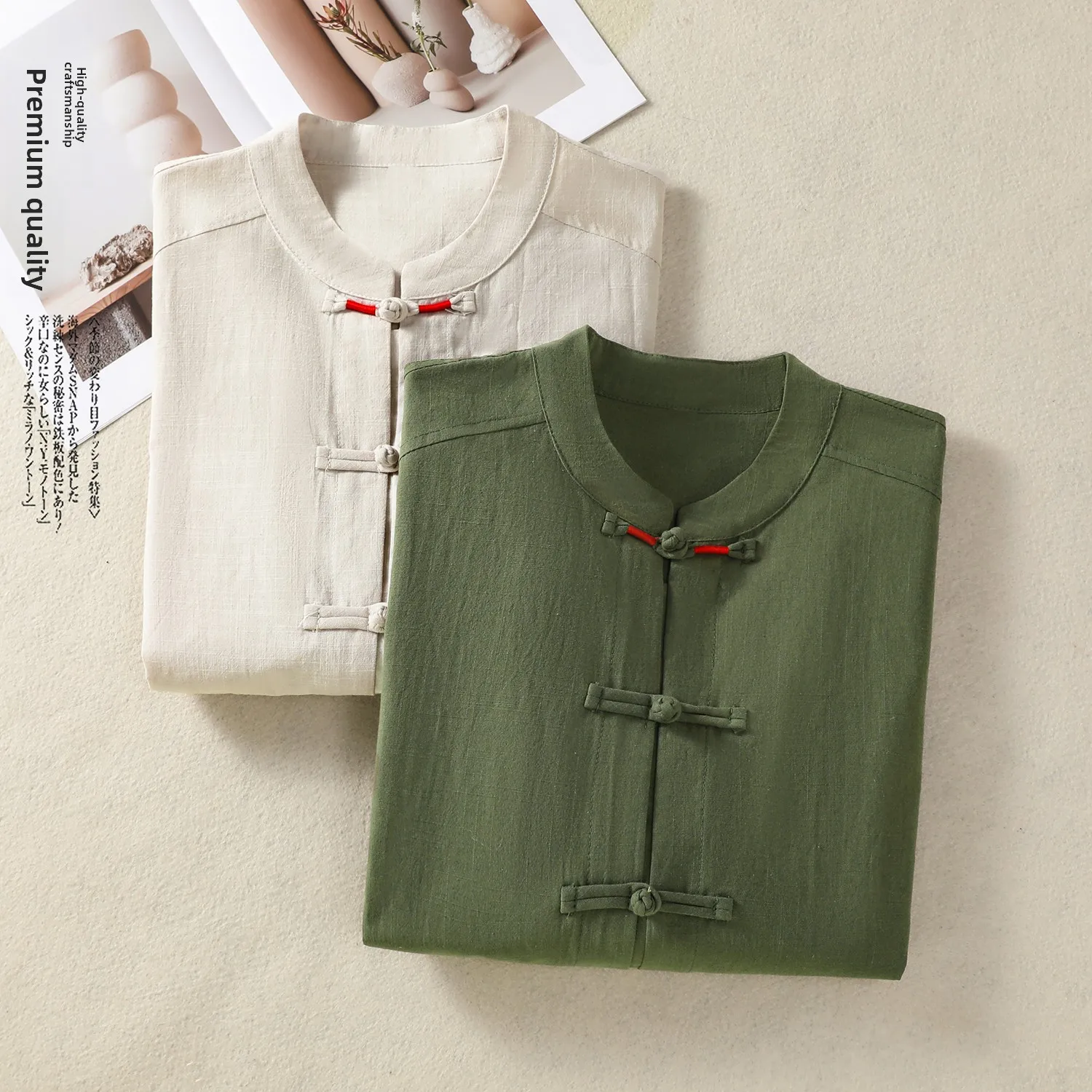 Loose Casual Pure Color New Chinese Style Tea Clothes Coat with Pocket Button up Top Women's Cotton Short Outerwear