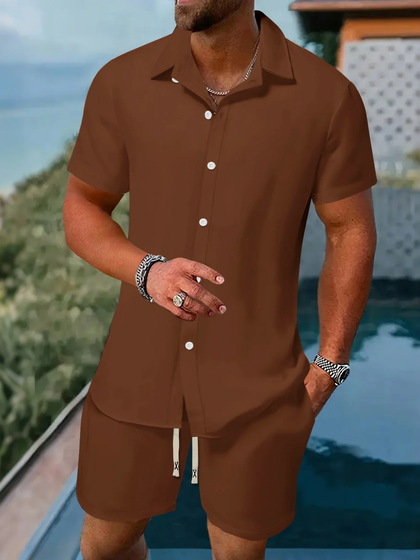 

2025 New Men's Light Vintage Casual Short Sleeve Shirt Drawstring Shorts Set Cuban Collar Summer Tropical Vacation Streetwear