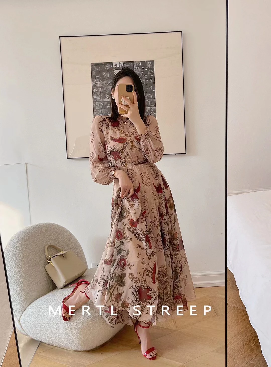 Summer bohemian luxurious chiffon 100% silk maxi length long sleeve dress