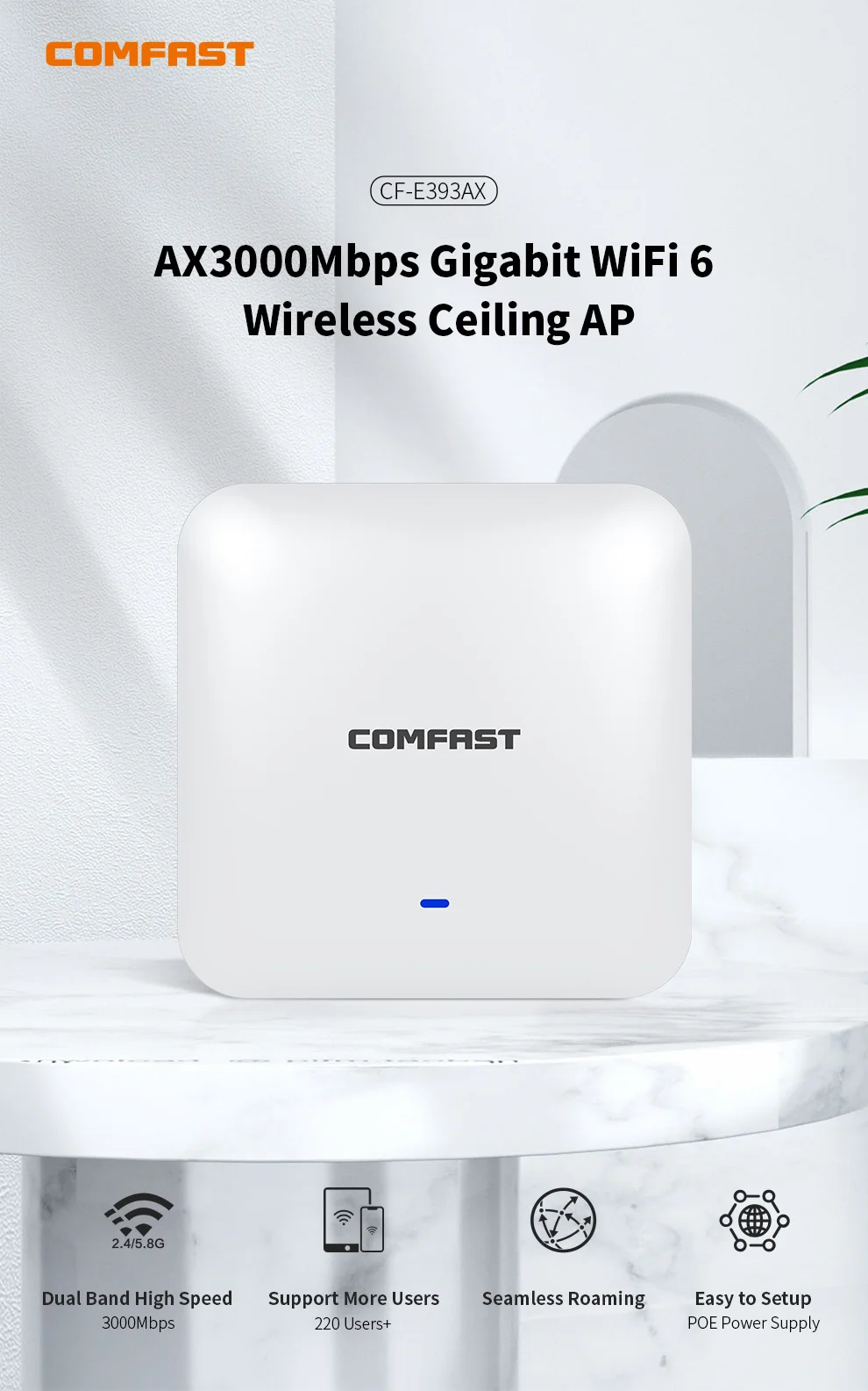 AX3000 WiFi 6 Access Point Range Extender Wireless Ceiling AP 5Ghz +2G Gigabit Port Wide Coverage Enterprise Wifi Router Hotspot