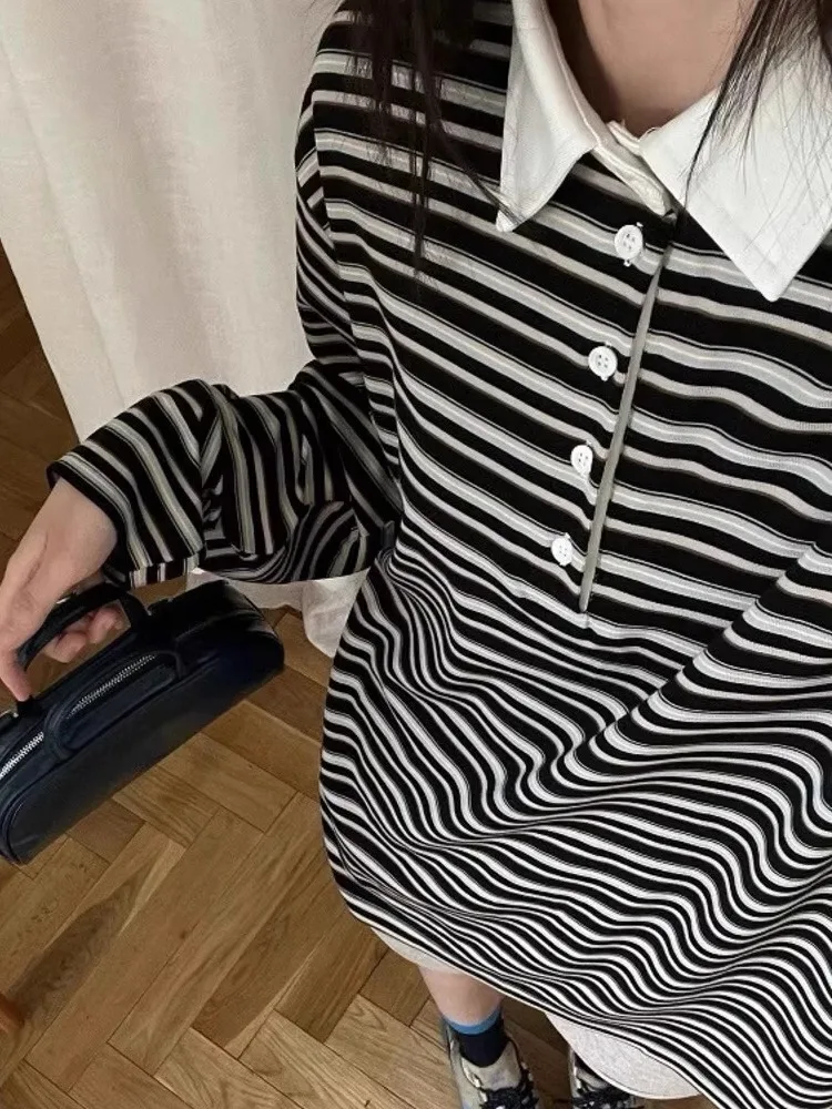 Retro Loose Long Sve Ne Gestreiftes T-Shirt Color Blo Casual Sle Damen Faion Sweet Fre Match All Long Sve Top