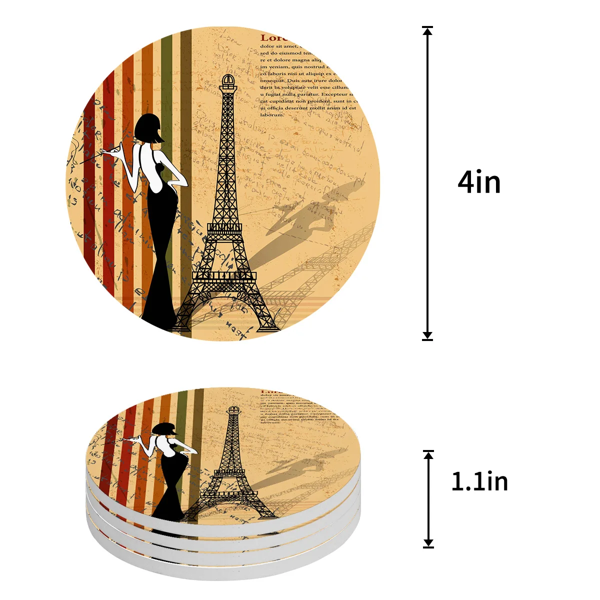 Eiffel Tower Woman Retro Style Round Coaster Coffee Table Mats Kitchen Accessories Absorbent Ceramic Coasters