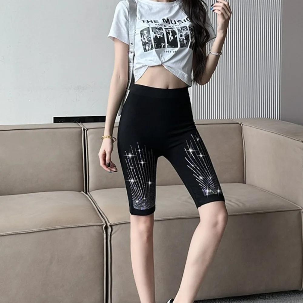 Black Women Rhinestone Leggings Knee Length Tights High Waist Yoga Shorts Streetwear Stretch Hip Lift Shorts Pants Ladies