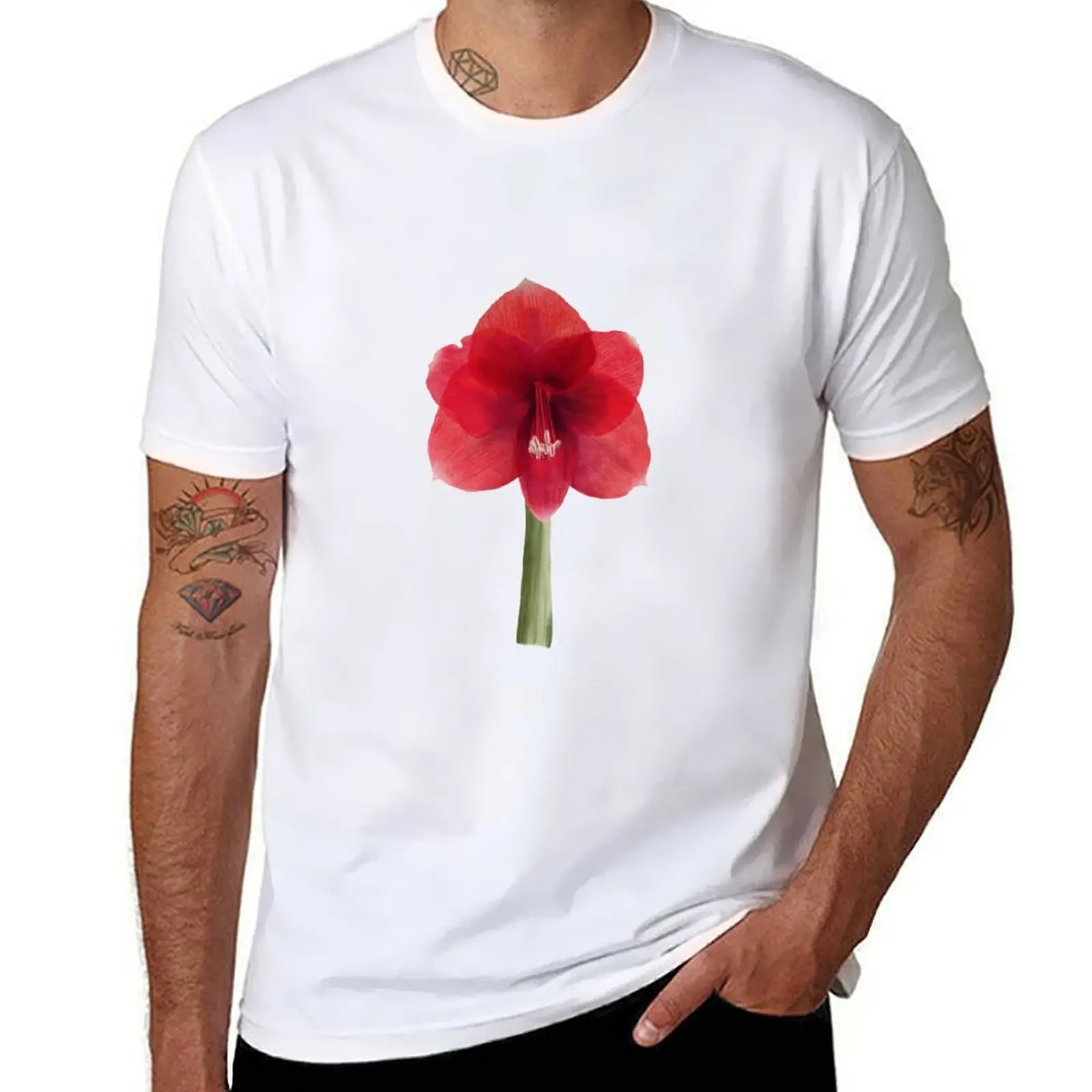 Camiseta con estampado de flor de amarilis roja dibujada a mano en acuarela, camiseta con protección solar UV