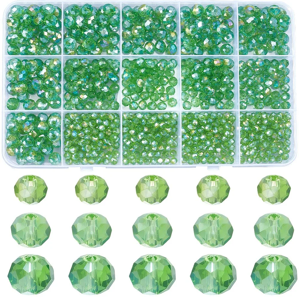 

800Pcs 3 Styles Electroplate Glass Beads Strands AB Color Plated Faceted Rondelle Lime Green 4~8x3~6mm Hole: 0.4~1mm