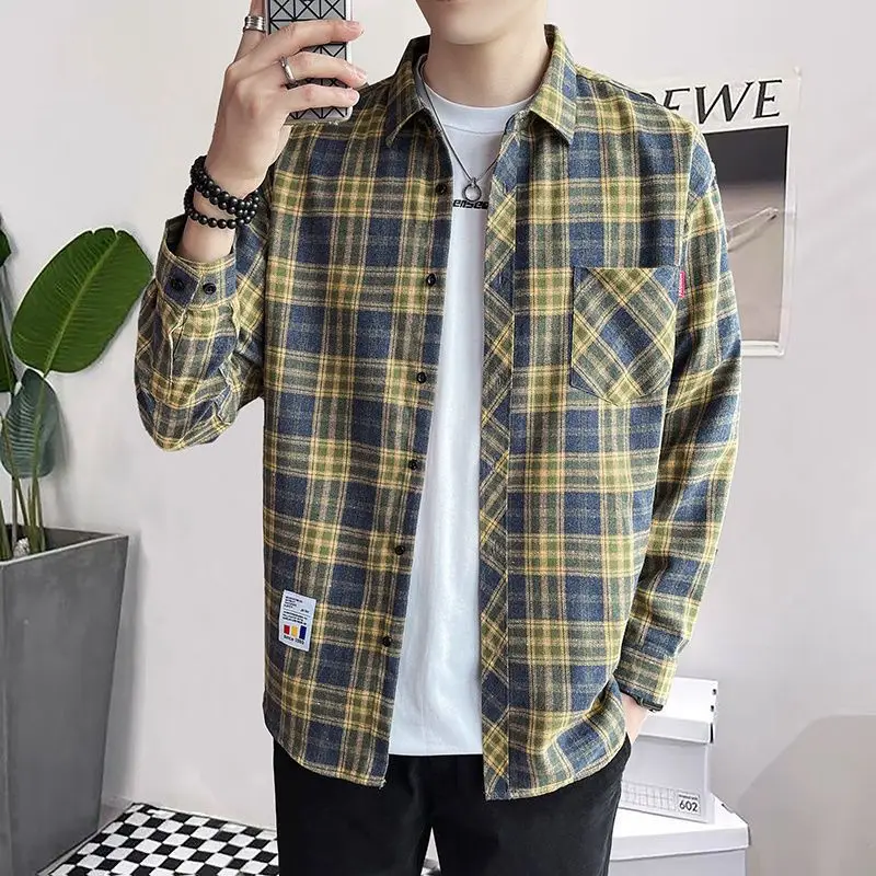 Men\'s Shirt and Blouse Long Sleeve Male Top with Pocket Plaid Cheap Brand Button Original Luxury Social Aesthetic Collar Clothes