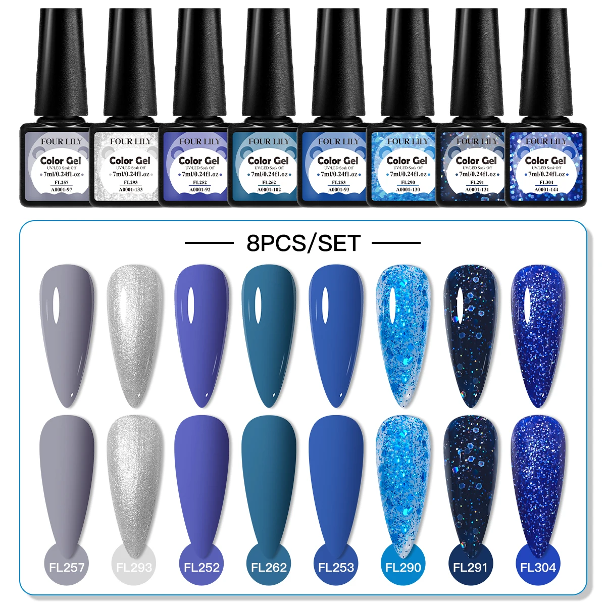 FOUR LILY 8/6-teiliges Gel-Nagellack-Set, glitzernd, funkelnd, fluoreszierend, Neon, Rot, Lila, Blau, Gel, Soak Off Nail Art Gel-Lack-Sets